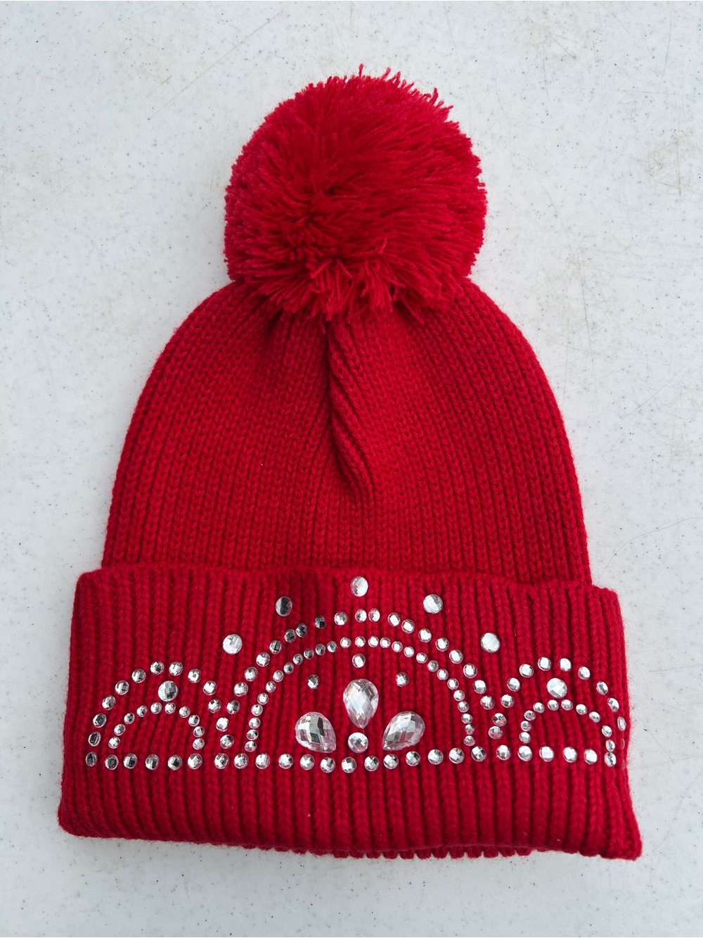 Red Pom Pom Beanie with Rhinestone Crown